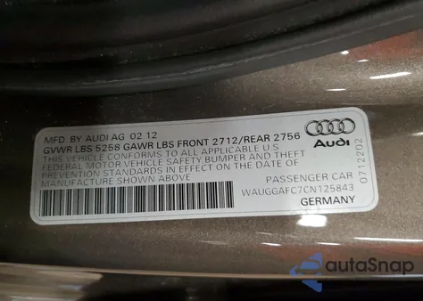 2012 Audi A6 Premium Plus z USA, uszkodzony, nr VIN WAUGGAFC7CN125843